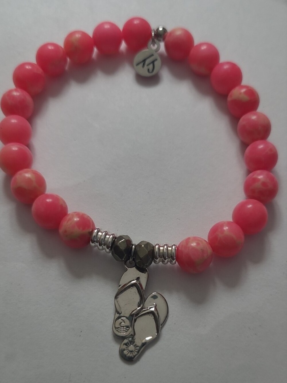 T. Jazelle Pink Zebra Agate Flip Flops Sandals Charm Bracelet Silver Accent